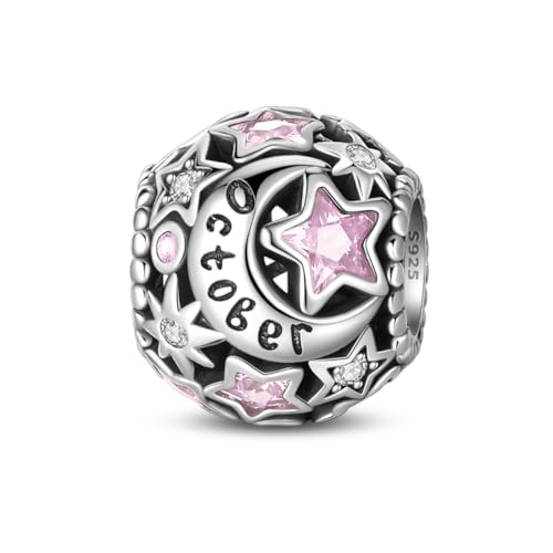 Star Moon 925 Sterling Silver Birthstone Charm for Bracelet Women Jewelry - color: October