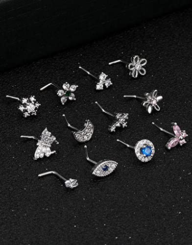 Akeoqi 12Pcs Nose Rings Stud L Shape Nose Rings Cubic Zirconia Butterfly Flower Eye Moon Crown Heart Lightning Shape Nose Studs Piercing Jewelry for Women Men Silver Gold Plated 20G - style: B:Eye