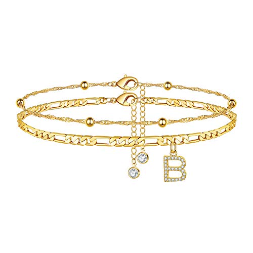 Ankle Bracelets for Women, 14K Gold Plated Dainty Layered Chain CZ Initial Anklets Summer Jewelry Gifts for Women - style: B-Gold