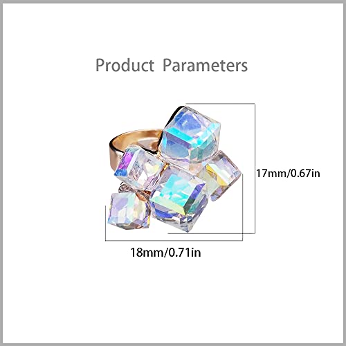 Hebelee Boho Square Crystal Statement Ring for Women Adjustable | Gold-Toned Expandable Promise Engagement Geometric Rings Comfort Fit Elegant Art Deco Christmas Cocktail Y2K Jewelry - color: AB Crystal