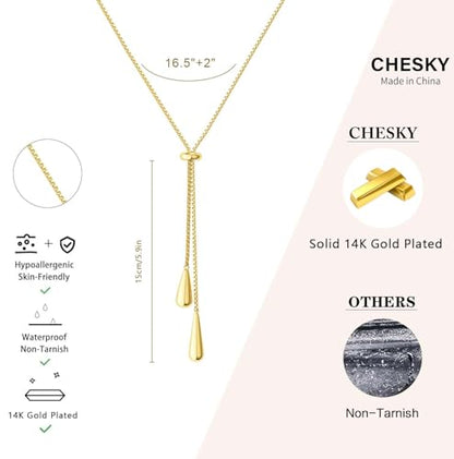 CHESKY Lariat Gold Necklace for Women, Dainty Long Necklace 14k Gold Plated Y-Shaped Pendant Necklace Trendy Layered CZ Beaded Chain Drop Necklaces Simple Gold Jewelry for Women Gifts - color: 6
