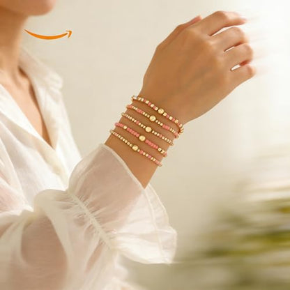 LOTSOF Bohemia Multilayer Beaded Bracelet Set, Turquoise Resin Colorful Surfer Heishi Style Elastic Spring Clasp Friendship Elastic Wristbands Summer Beach Boho Vacation Jewelry - color: Pink