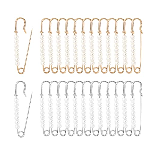 Faux Pearl Safety Pins, 10pcs 2.76inch Sweater Shawl Clip Brooch Pins with 7pcs Pearl Beads for Women Clothing Dress Pants Skirt Waist Pants Extender Dressing Accessories (Gold and Silver)