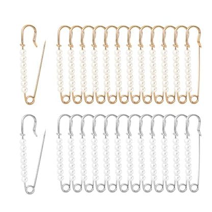 Faux Pearl Safety Pins, 10pcs 2.76inch Sweater Shawl Clip Brooch Pins with 7pcs Pearl Beads for Women Clothing Dress Pants Skirt Waist Pants Extender Dressing Accessories (Gold and Silver)