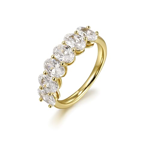 Gold Plated Half Eternity Ring for Women - 0.5CT CZ 6-Stone AAAAA Oval Cut Stackable Band Ring 14K Non Tarnish Waterproof - Wedding Anniversary Engagement Statement Travel Rings Jewelry Gift