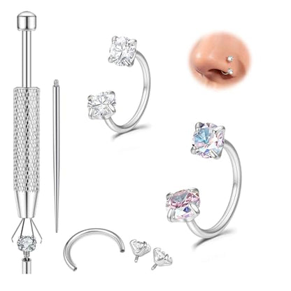 Titanium Horseshoe Nose Ring 20g, Gold Silver Nose Rings Hoops with Double CZ Gems Hypoallergenic Septum Ring for Women Men, Small Cartilage Helix Tragus Daith Labret Piercing Jewelry 7mm 8mm 9mm - color: Silver-CZ+AB