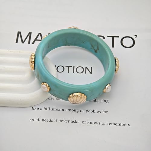 2PCS Chunky Acrylic Bracelet for Women Large Square Resin Cuff Vintage Open Bangle Bracelets Wide Geometric Jewelry - style: O-Shell - Blue