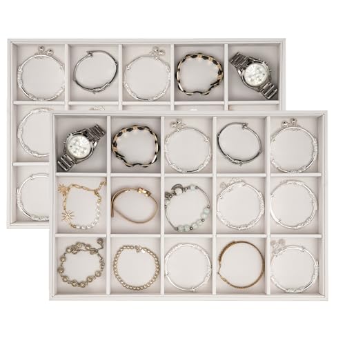 Polmart Stackable 15-Grid Jewelry Organizer/Storage/Display Trays, White Leatherette (2-Pack) - color: White Leather