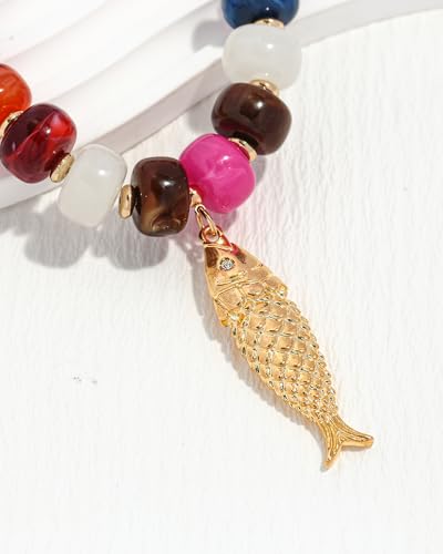 Chunky Gold Fish Pendant Necklace For Women Long Silk Scarf Turquoise Strand Necklace With Fish Pendants Boho Beach Shell Statement Necklaces - style: Bead Fish