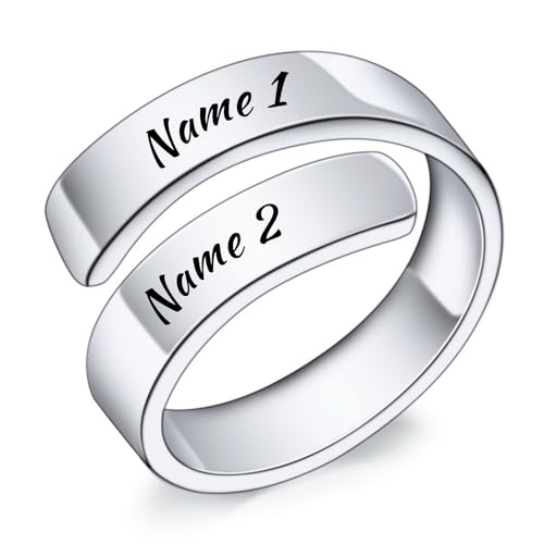 INBLUE Personalized 925 Sterling Silver Spiral Twist Ring for Women Customized Engraving Name/Date with Birthstones Adjustable Open Wrap Band Promise Ring Gift for Wedding Engagement - color: Text