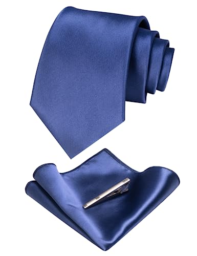 JEMYGINS Mens Solid Color Formal Necktie and Pocket Square, Tie Clip Sets - color: Dark Blue