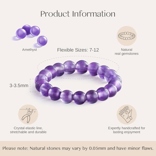 NLIEO Handmade Natural Gemstone Crystal Beaded Stretch Band Ring for Women | Handmade, 3mm Natural Stone, Size 7-12, Stretchy, Beaded Jewelry, Green Bead Rings, Trendy Jewelry Gift - style: Amethyst