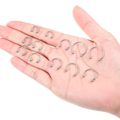 Yolev 12pcs Septum Piercing Jewelry 16g Septum Ring Silver Small Horseshoe Nose Ring Surgical Steel Cartilage Earring Hoop Eyebrow Helix Tragus 6-16mm