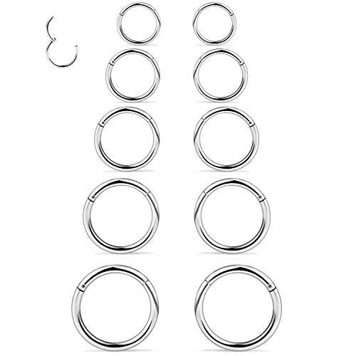 10PCS 16G Surgical Steel Hinged Clicker Segment Septum Lip Nipple Ring Hoop Cartilage Tragus Helix Sleeper Earrings Piercing Jewelry for Women Men 8mm 10mm 12mm 14mm 16mm - color: silver-tone