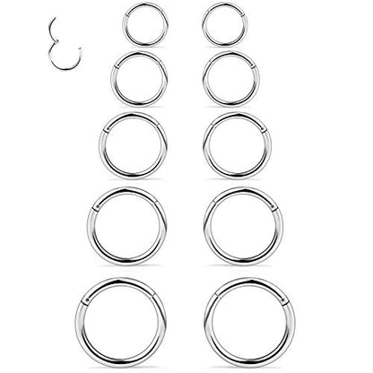 10PCS 20G/18G Surgical Steel Hinged Clicker Segment Nose Rings Hoops Septum Lip Ring Hoop Cartilage Tragus Helix Sleeper Earrings Piercing Jewelry for Women Men 6mm 7mm 8mm 9mm 10mm - color: 18g,6/7/8/9/10mm,slivertone