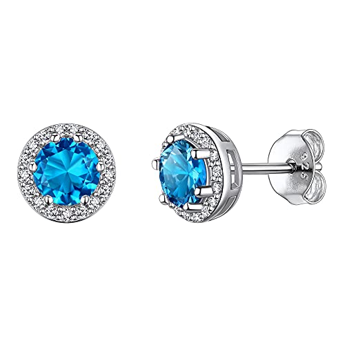 Suplight 925 Sterling Silver Birthstone Stud Earrings for Women, Round/Heart/Teardrop/Square Crystal Diamond Earrings for Women, Dainty Birthday Gifts Jewelry - color: style a-12. round-December(Created Blue Topaz)