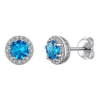 Suplight 925 Sterling Silver Birthstone Stud Earrings for Women, Round/Heart/Teardrop/Square Crystal Diamond Earrings for Women, Dainty Birthday Gifts Jewelry - color: style a-12. round-December(Created Blue Topaz)