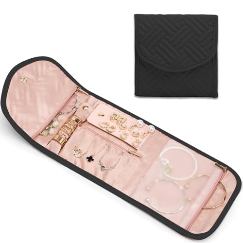 Amrules Travel Jewelry Roll Organizer Bag Foldable and Anti-Lost Jewelry Holder Storage for Rings, Necklaces, Bracelets, Earrings and Accessories, Small Black - color: Black, size: Small