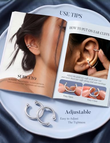 Subiceto 925 Sterling Silver Ear Cuffs Non Piercing - Adjustable Hypoallergenic 14K Gold Plated Clip On Earrings for Women Cubic Zirconia Silver Ear Cuff Helix Cartilage Fake Piercing - color: 04 Smooth Silver Tone