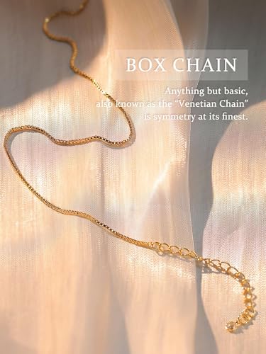 14K Gold Plated Chain Necklace for Women Trendy - 925 Sterling Silver Clasp | Waterproof Dainty Choker Necklace, 14/16/18/20 inch Thin Simple Box Figaro Chain Herringbone Necklace Jewelry for Women Men - color: Box