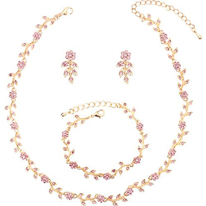 Austrian Crystal Rhinestone Choker Necklace Dangle Earring Link Bracelet Jewelry Set for Brides Bridesmaid Prom Costume Accessories for Women - color: En001-Pink-Gold Plated