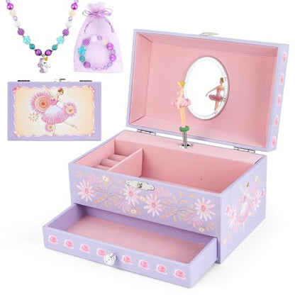 Music Jewellery Box with Drawer Necklace Bracelet, Musical Jewelry Storage Case with Spinning Ballerina Gift Set for Kids Girls Children Daughter (Pink Dancer) - color: Pink Dancer