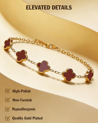 Four Leaf Clover Bracelet 18K Gold Plated Bracelets for Women Lucky Flower Design Stainless Steel Hypoallergenic Link Chain Adjustable Dainty Trendy Jewelry Gifts for Women - color: Red
