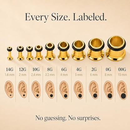 BodyJ4You 37PC Ear Gauge Stretching Kit 14G-00G - Aftercare Balm Tapers | Gauges for Ears Dead Stretching Lobe - Surgical Stainless Steel Single Flare Plugs - Flesh Tunnels O-Rings Expander Men Women - color: Goldtone, Single Flare