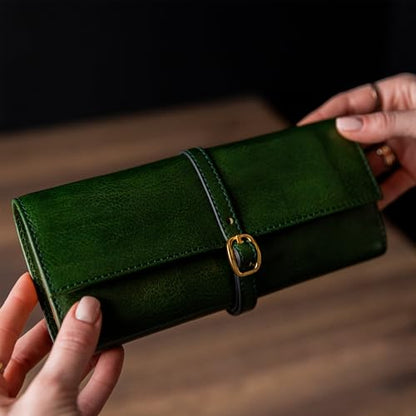 Time Resistance Leather Jewelry Roll - Full Grain Leather Travel Jewelry Case - Jewellery Organizer Made in Italy (Green) - color: Green