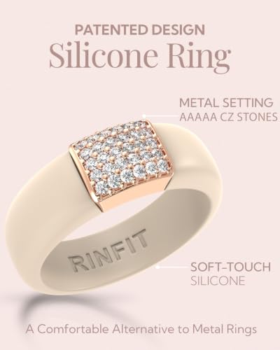 Rinfit Silicone Ring with Metal Plate & CZ for Women | AAAAA Grade Cubic Zirconia Stones, Flexible Rubber Wedding Band, Comfortable Fit, Engagement Ring for Her, Patented Design - color: Pack C: Nude and Rose Gold