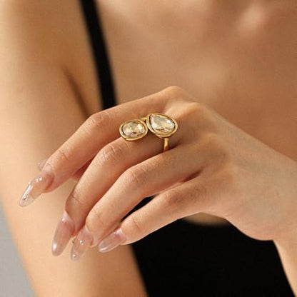 Geometric Crystal Statement Ring for Women Stainless Steel Adjustable Open Bezel Square Teardrop Austrian CZ Princess Cut Wedding Promise Finger Rings Comfort Fit Stacking Band Dainty Jewelry Art Deco - color: Champagne Cz