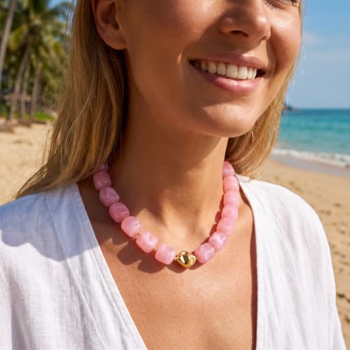 Chunky Beaded Necklace for Women,Square Resin beads boho Choker Necklace with gold-tone spacers,Fashion Trendy Summer Beach Party Necklaces Handmade Surfer Beach Necklaces Jewelry Gifts - color: Pink