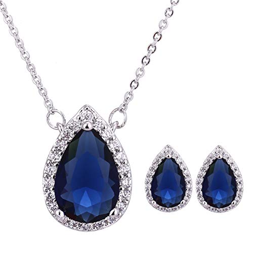 Women's Wedding Jewelry Set for Bride Teardrop CZ Necklace Earrings Set | Sterling Silver Pear Shape Necklace and Studs Crystal Rhinestone Costume Jewelry for Party Prom Bridesmaids - color: Sapphire