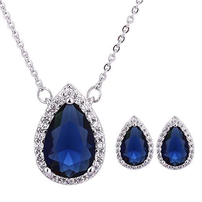 Women's Wedding Jewelry Set for Bride Teardrop CZ Necklace Earrings Set | Sterling Silver Pear Shape Necklace and Studs Crystal Rhinestone Costume Jewelry for Party Prom Bridesmaids - color: Sapphire