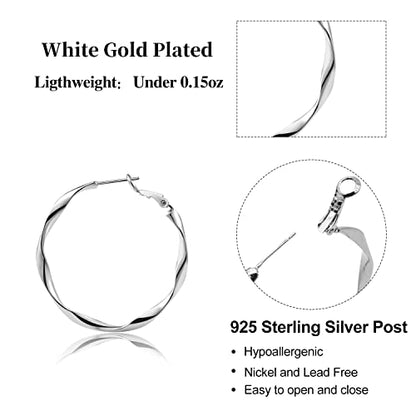 24K Gold Hoop Earrings for Women Trendy Real Gold Plated Twisted Thin Huggie Hoops, Dainty Cute Big Gold Filled Dangle Hoop Earrings Nickel Free Womens Earrings for Sensitive Ears Hypoallergenic - style: White Gold 40mm