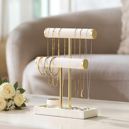 bussdis 2 Tier Bracelet Holder Display, Necklace Holder Organizer, Beige | Velvet Necklace Holder | Jewelry Tree | Jewelry Towers | Jewelry Stand Organizer for Necklaces, Bracelets, Earrings, Rings - color: Beige