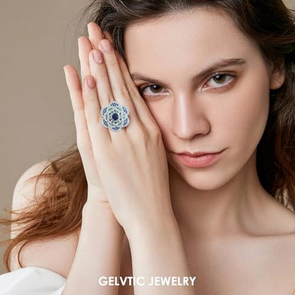 Cocktail Rings Silver Rose Flower Ring for Women Adjustable 18K Gold Plated Snowflake Open Wrap Wedding Statement Valentine Gift for Lover Wife Christmas - style: JZ06 Flower Ring-Blue