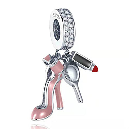 925 Sterling Silver Charms for Bracelets Necklaces Dangle Pendant With 5A Cubic Zirconias Bead Charm for Women DIY Jewelry - style: Pink High Heels Charms