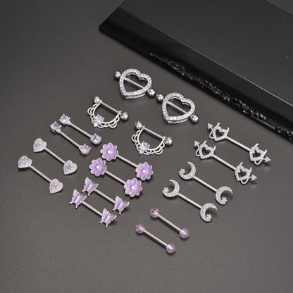 9 Pairs Nipple Rings Stainless Steel Heart Butterfly Moon Flower CZ Barbell Tongue Rings Set Cute Nipplerings Piercing Jewelry for Women Pink Silver Tone - color: D: Purple Tone