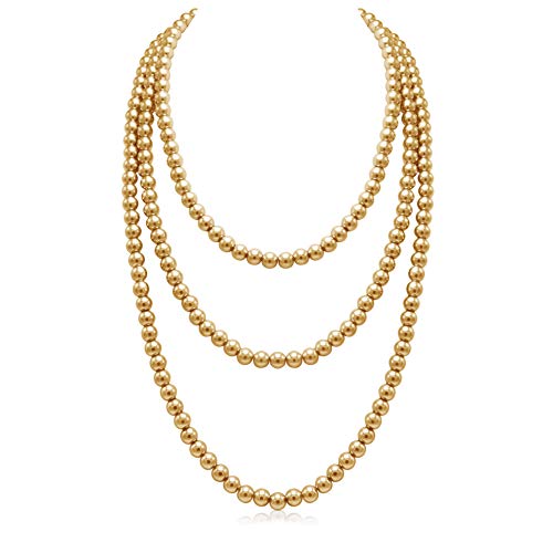 Long Pearl Necklaces for Women Cream White Faux Pearl Strand Layered Necklace Costume Jewelry - color: Yellow