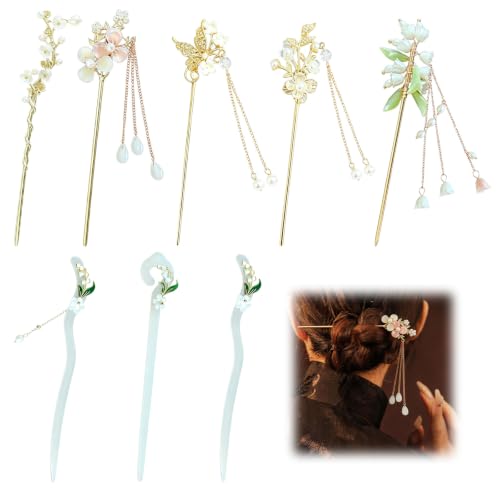 8 Pcs Chinese Hair Sticks Set, Gold and White Japanese Hair Pin (Alloy) | Pearl Tassel Lily of the Valley Metal Flower Hairpins, Asian Traditional Styling Accessories for Women Buns - color: Alloy
