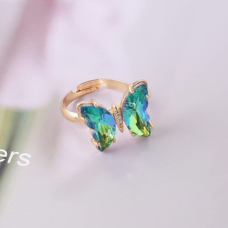 COLORFUL BLING Adjustable Elegant Transparent Crystal 3D Butterfly Rings for Women Aesthetic Gold Plated Cute Animal Insect Open Finger Cuff Ring Birthday Valentine Gifts - color: transparent green