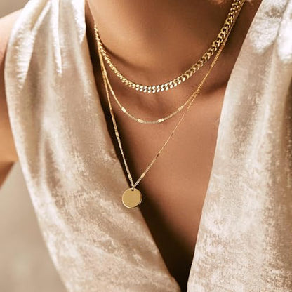 Evabelle Gold Layered Necklace for Women Trendy Jewelry 14K Real Gold Plated Chunky Chain Stackable Necklaces Dainty Choker Necklaces Rectangle Square Pendant - color: Gold Necklace 08