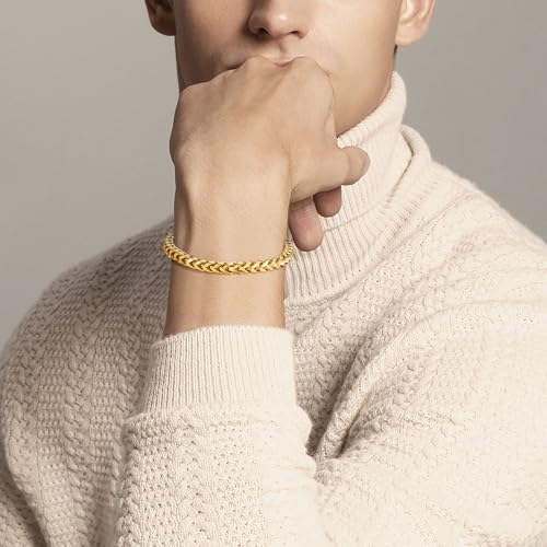 Mens Bracelet - Stainless Steel Fold Over Clasp Franco Chain Bracelets for Men - color: G-Gold