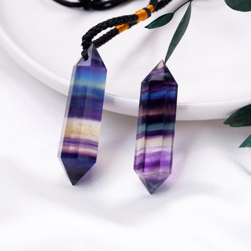 Runyangshi Rainbow Fluorite Healing Crystal Pendants, Double Pointed Natural Crystal Quartz Necklace 6 Faceted Chakra Crystal Wand Stone - color: Rainbow Fluorite