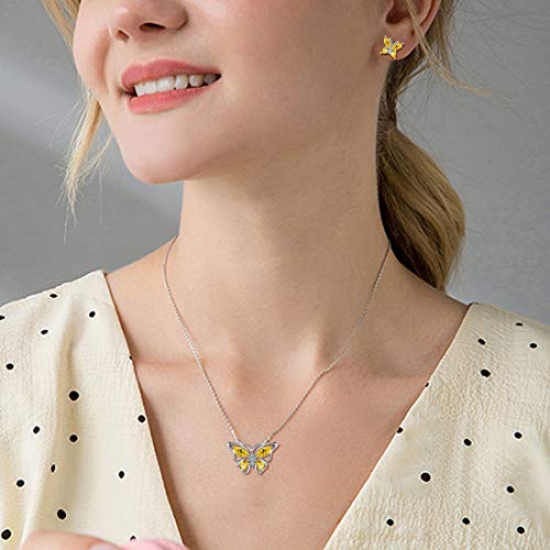 925 Sterling Silver Birthstone Butterfly Jewelry Women Crystal Animal Cute Butterflies Birthday Necklace/Earring/Ring/Bracelet Sets Birth Stone Statement Anniversary Jewellery - color: 1-K.November-Citrine