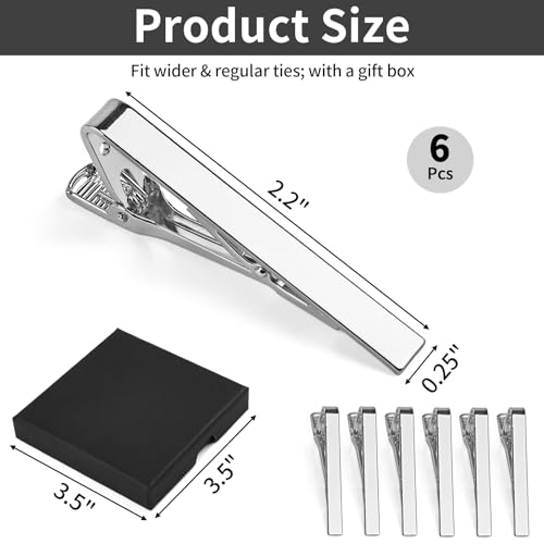 MOWPOG 6 Pcs Tie Clips for Men, Tie Bar Pins Tacks with Gift Box | Copper, Shiny & Glossy, for Father, Husband, Boyfriend, Business, Wedding, Suit Accessories, Easy to Open, Won't Fade/Scratch - color: Silver