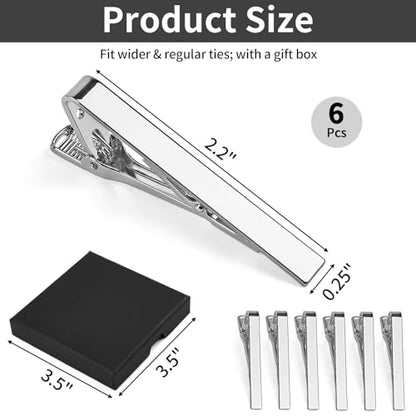 MOWPOG 6 Pcs Tie Clips for Men, Tie Bar Pins Tacks with Gift Box | Copper, Shiny & Glossy, for Father, Husband, Boyfriend, Business, Wedding, Suit Accessories, Easy to Open, Won't Fade/Scratch - color: Silver