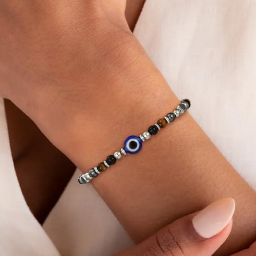 Natural Healing Crystal Bracelet for Women, Triple Protection Anxiety Relief New Beginnings Good Luck Empath Protection Jewelry Gift for Friends Daughter Mom 6.5+1.8 Inches - color: Protection-Eye-S