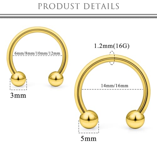 Hoeudjo 16G Septum Rings Stainless Steel Horseshoe Hoop Ring Lip Rings Hoop Smiley Piercing Jewelry for Women Men Diameter 6mm 8mm 10mm 12mm 14mm 16mm - color: goldtone